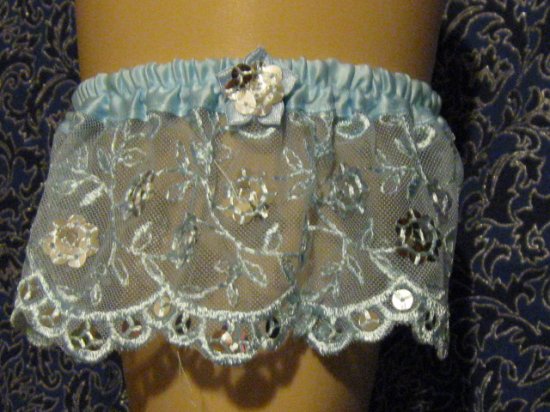 Lt Blue Silver Sequin Lace Garter Belt Wedding Bridal
