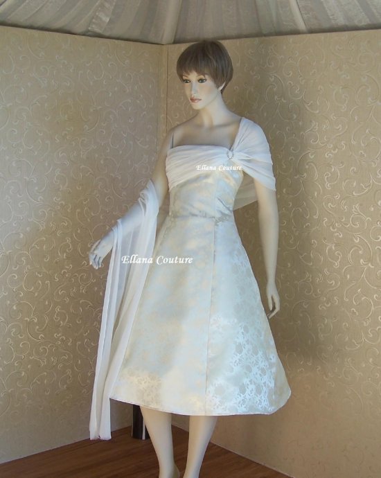Viola Tea Length Retro Brocade Wedding Dress Unique Details